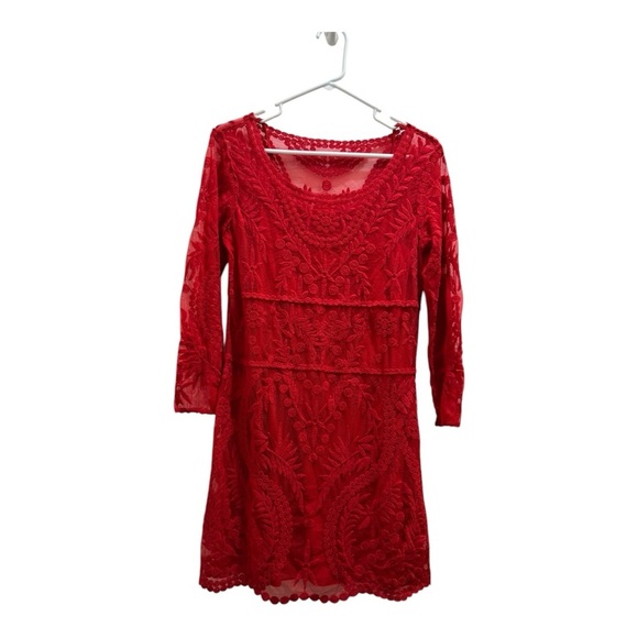 Express Dresses & Skirts - EXPRESS Red Lace Overlay Long Sleeve Bodycon Mini Dress